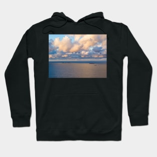 Moody sky over container ships sailing on sea gulf, aerial landscape at dusk Hoodie